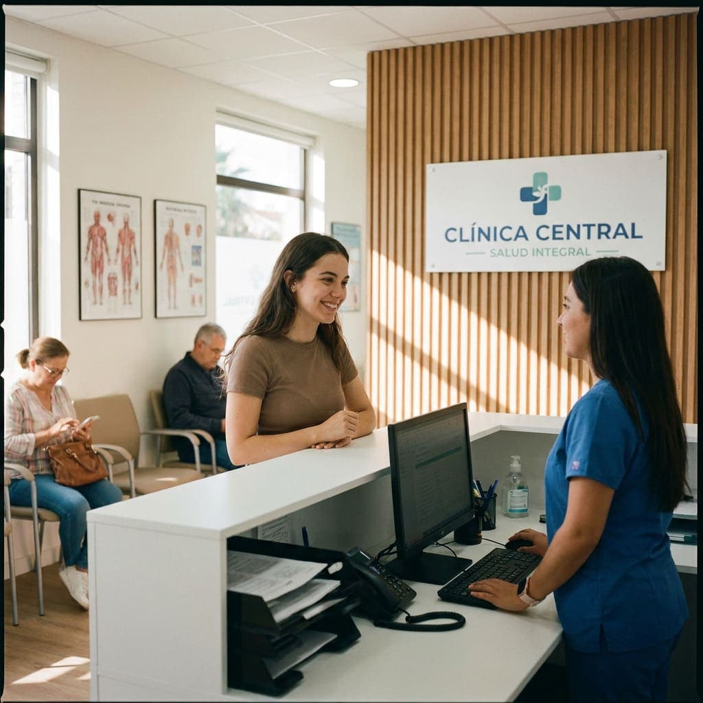 Recepción de una clínica atendiendo a una paciente